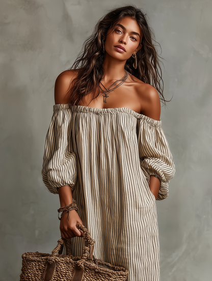 Off The Shoulder Striped Puff Sleeve Maxi Pocket Dress