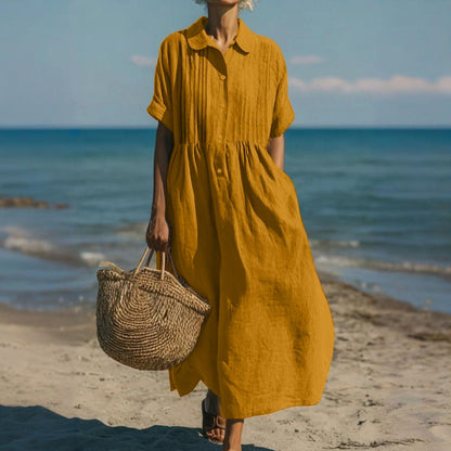 Collared Buttoned Pleated Gathered Loose Maxi Dress