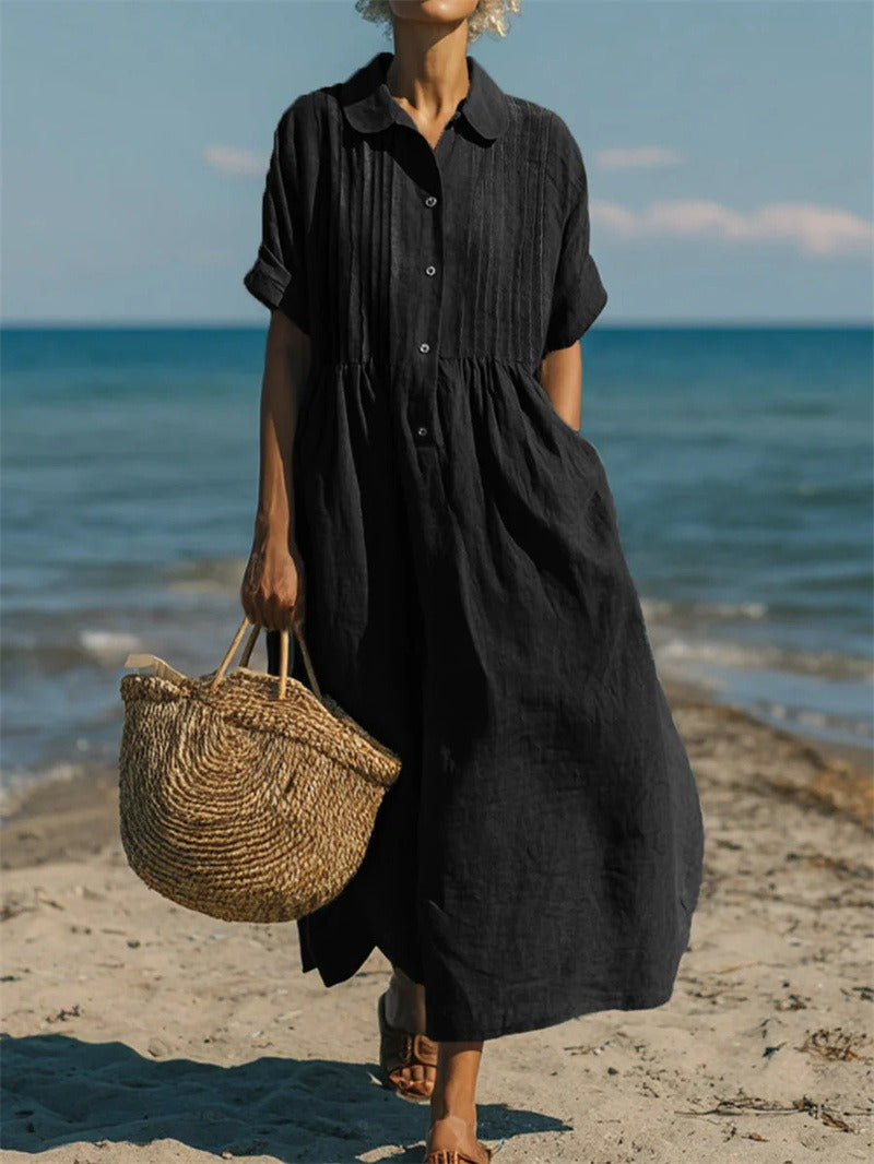 Collared Buttoned Pleated Gathered Loose Maxi Dress