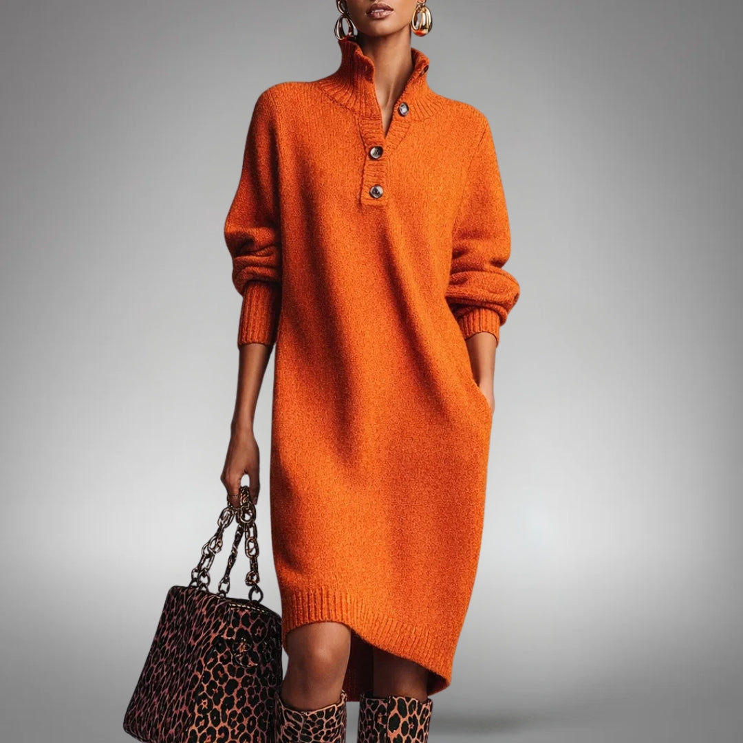 Button Collar Long Sleeve Knit Midi Dress