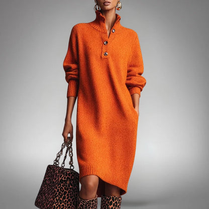 Button Collar Long Sleeve Knit Midi Dress