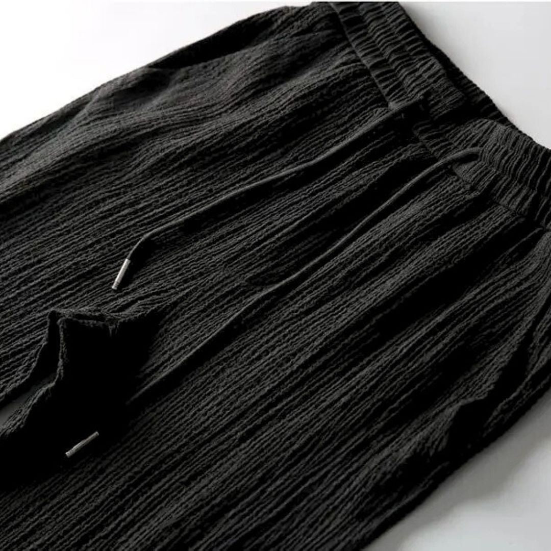 Textured Notched Loose Top and Drawstring Pocketed Straight Trouser Set