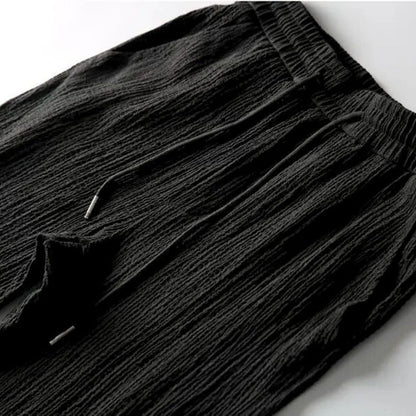 Textured Notched Loose Top and Drawstring Pocketed Straight Trouser Set