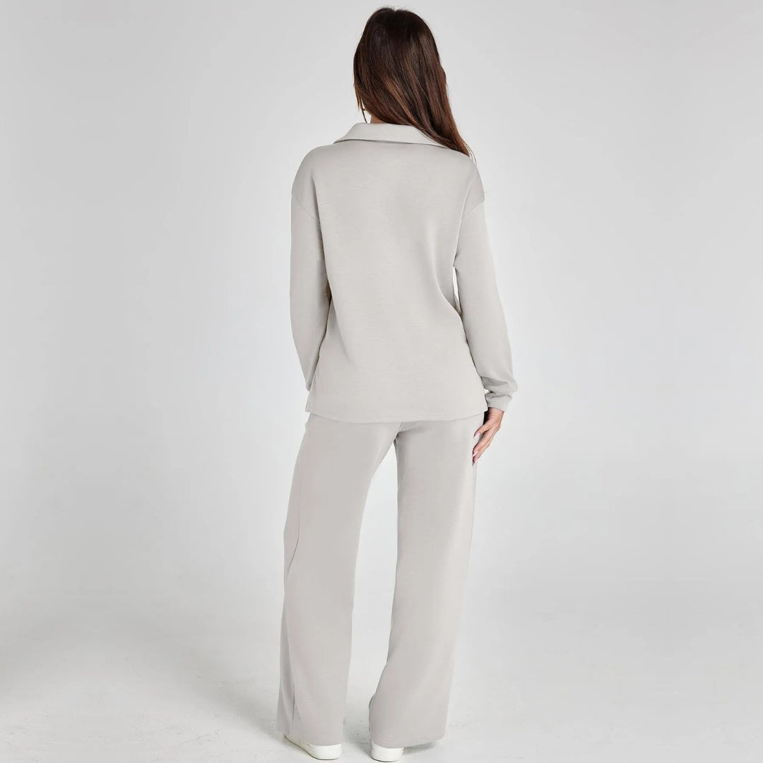 Women's V-Neck Long Sleeve Loungewear Set with Wide Leg Trousers