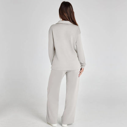 Women's V-Neck Long Sleeve Loungewear Set with Wide Leg Trousers