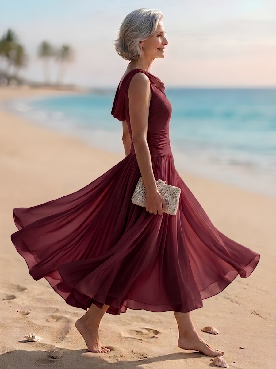 Draped Neck Sleeveless Pleated A-Line Wedding Guest Midi Dress