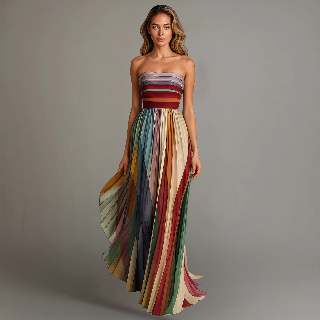 Strapless Pleated Striped Maxi Dress