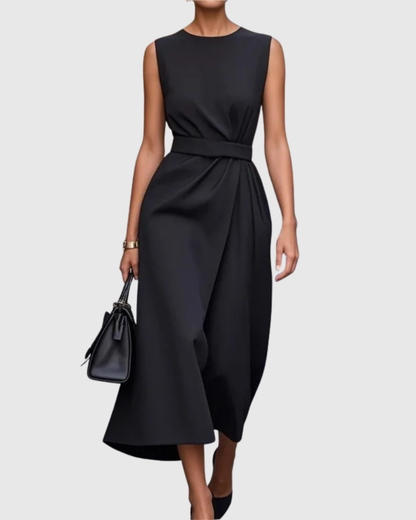 Plain Fitted Sleeveless Cinched Overlaid Flared Dress