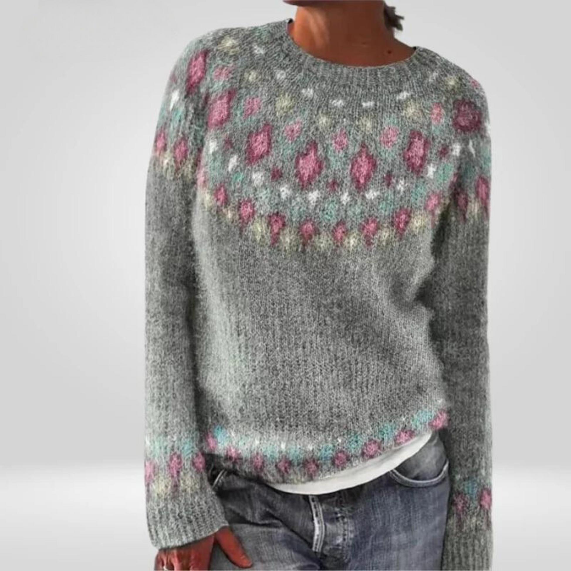 Women's Crew Neck Long Sleeve Fair Isle Knit Sweater