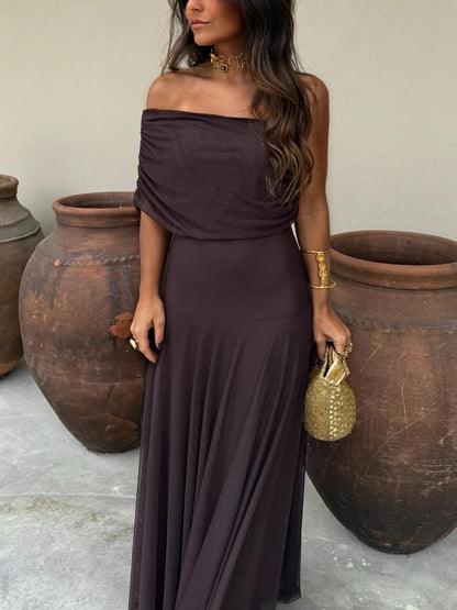 Off Shoulder Ruched Foldover Maxi Dress
