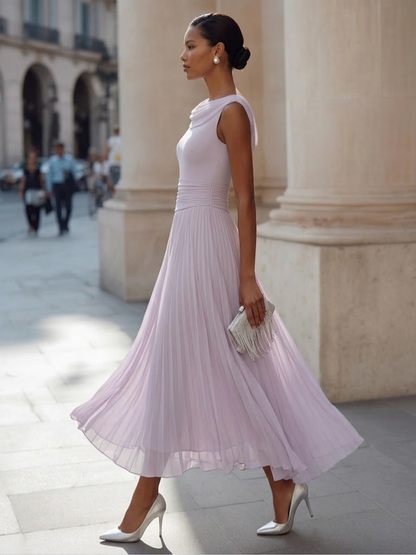 Draped Neck Sleeveless Pleated Midi Dress