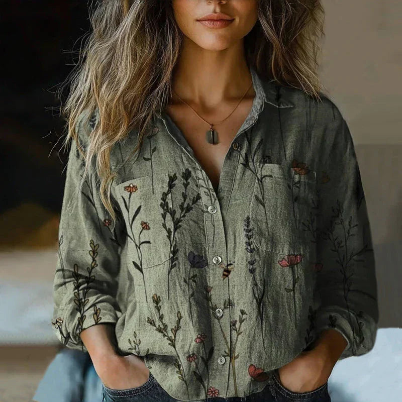 Long Sleeved Collared Patterned Buttoned Blouse