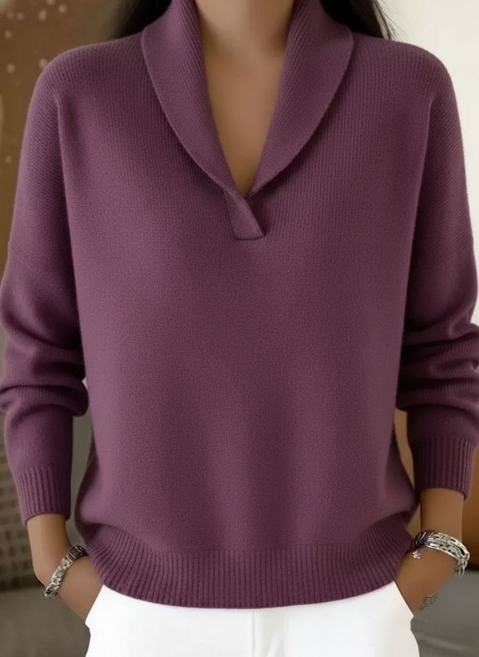 Women's Shawl Collar V-Neck Long Sleeve Knit Sweater