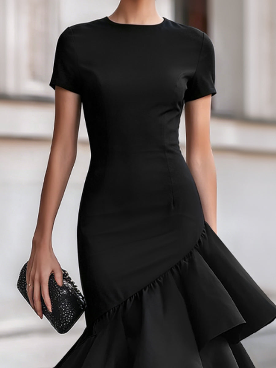 Fitted Crew Neck Short Sleeve Ruffled Asymmetric Dress