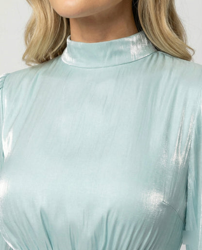 Mock Neck Ruched Pleated Cuffed Flared Maxi Dress