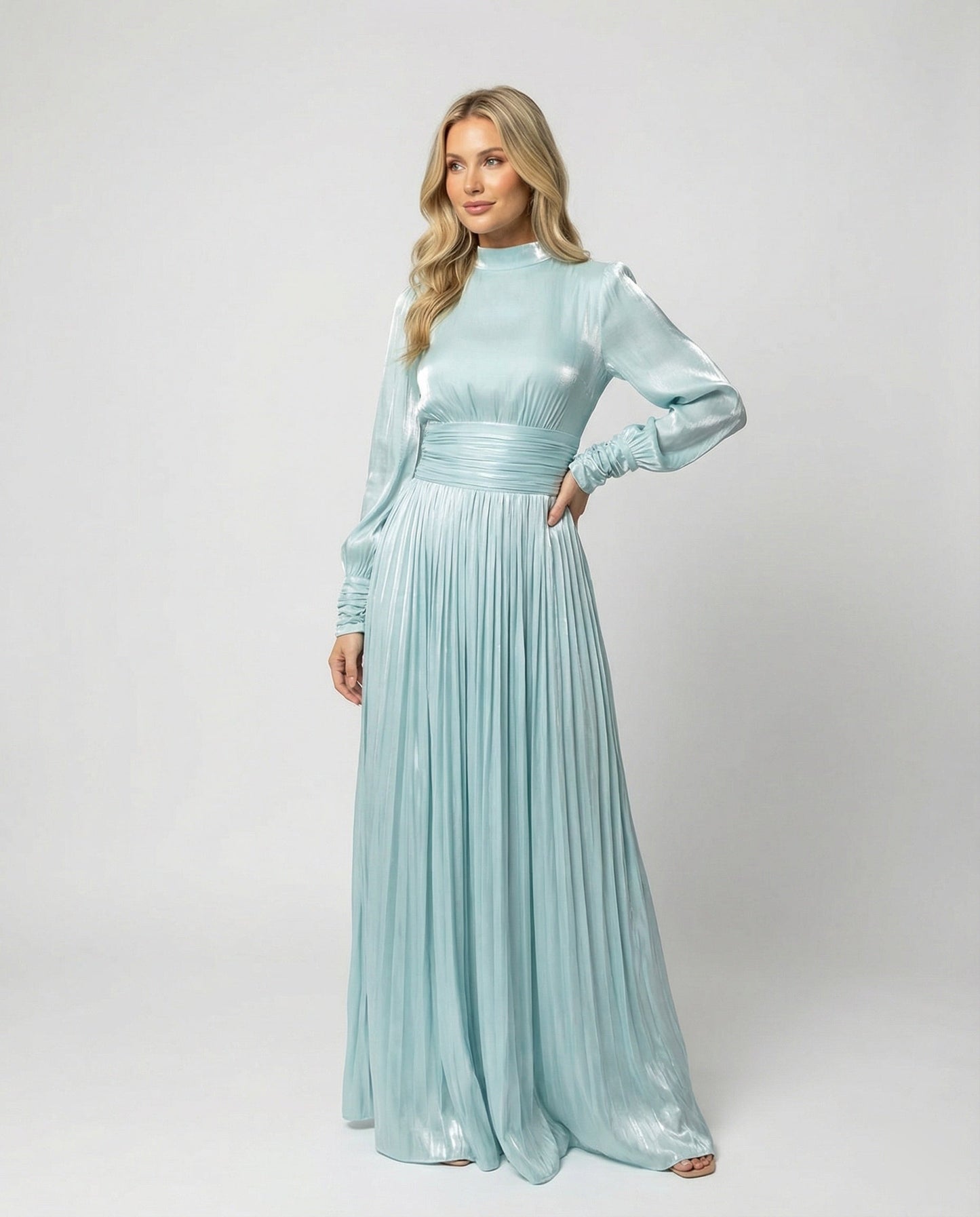 Mock Neck Ruched Pleated Cuffed Flared Maxi Dress