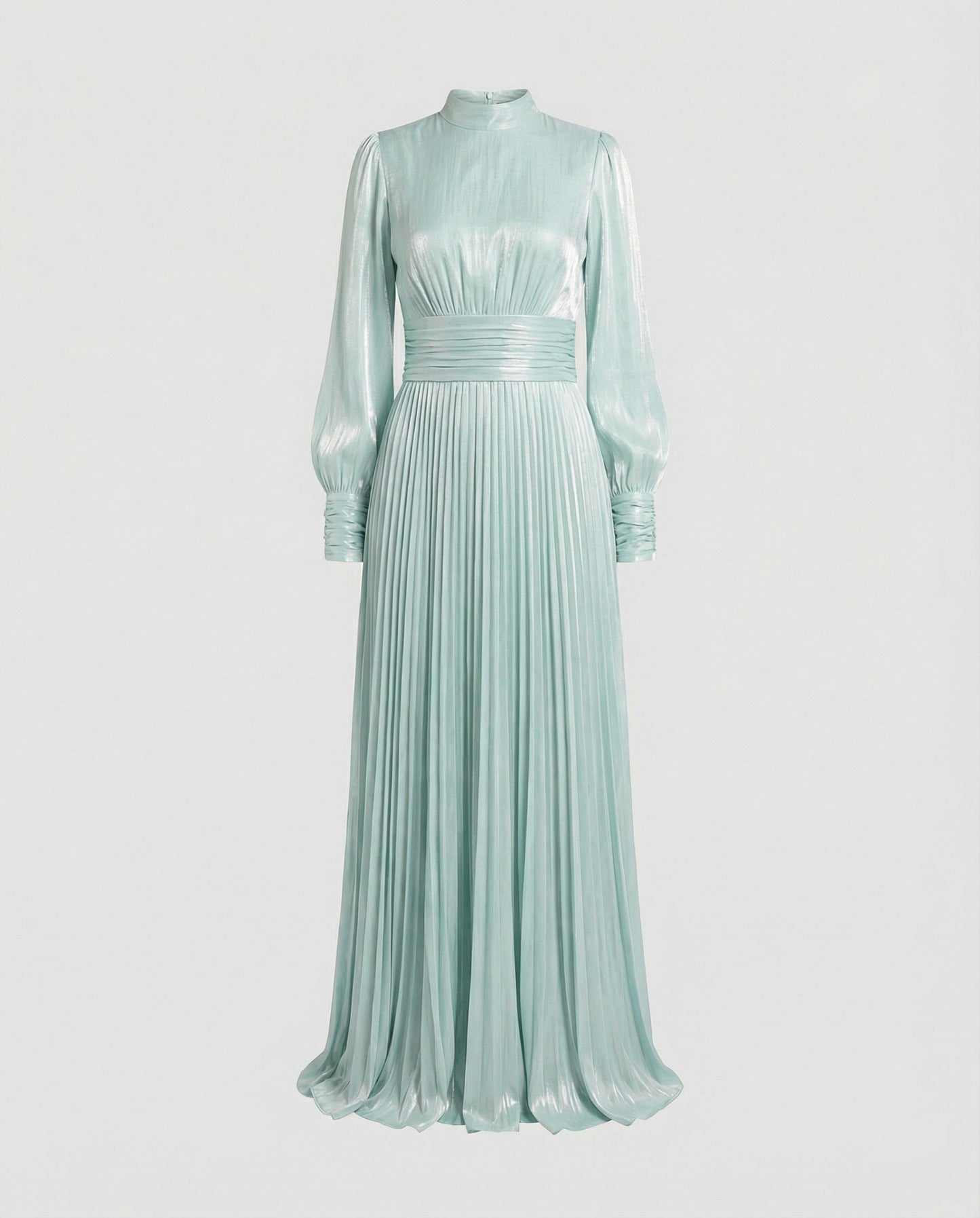 Mock Neck Ruched Pleated Cuffed Flared Maxi Dress