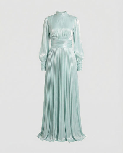 Mock Neck Ruched Pleated Cuffed Flared Maxi Dress