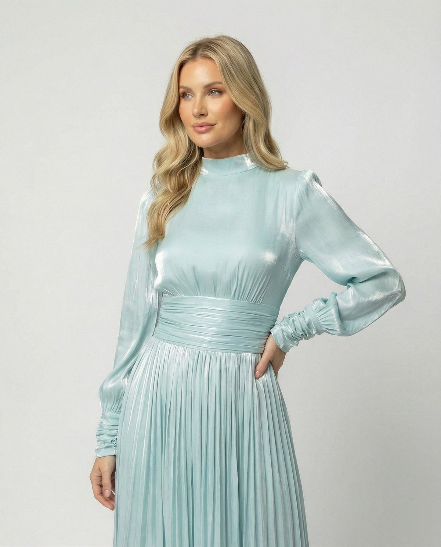 Mock Neck Ruched Pleated Cuffed Flared Maxi Dress