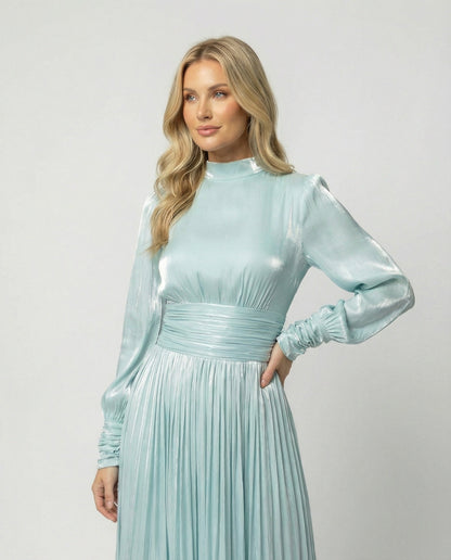 Mock Neck Ruched Pleated Cuffed Flared Maxi Dress