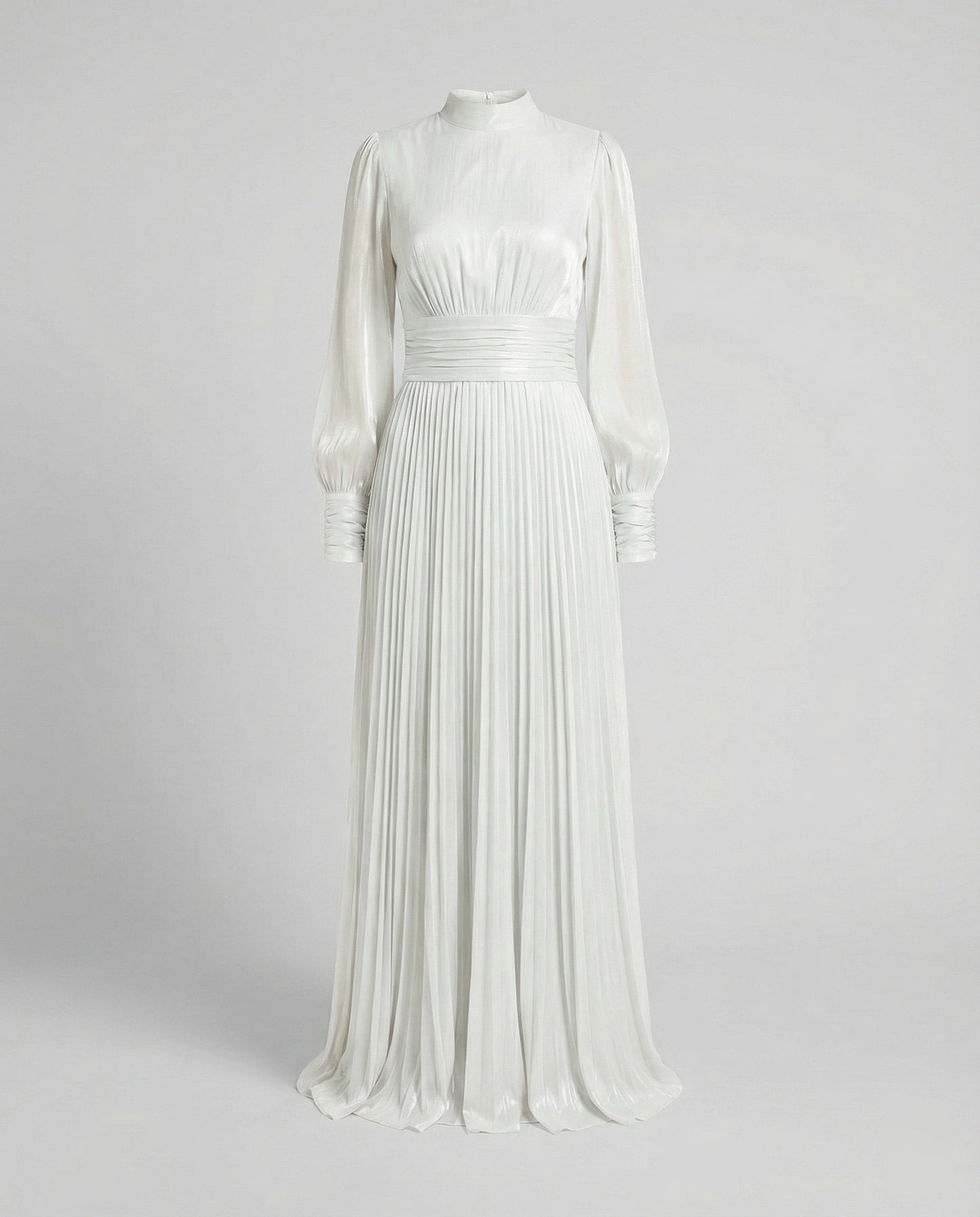 Mock Neck Ruched Pleated Cuffed Flared Maxi Dress