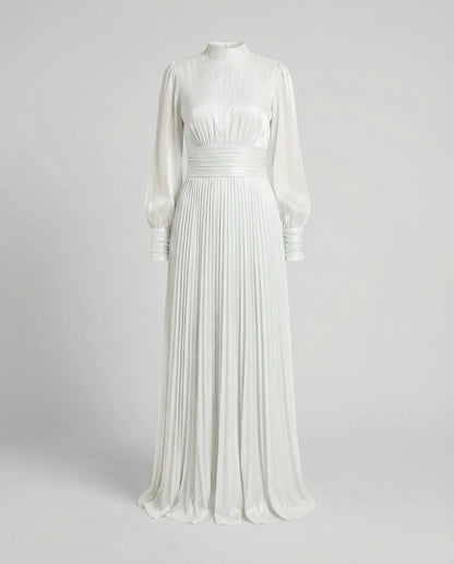 Mock Neck Ruched Pleated Cuffed Flared Maxi Dress