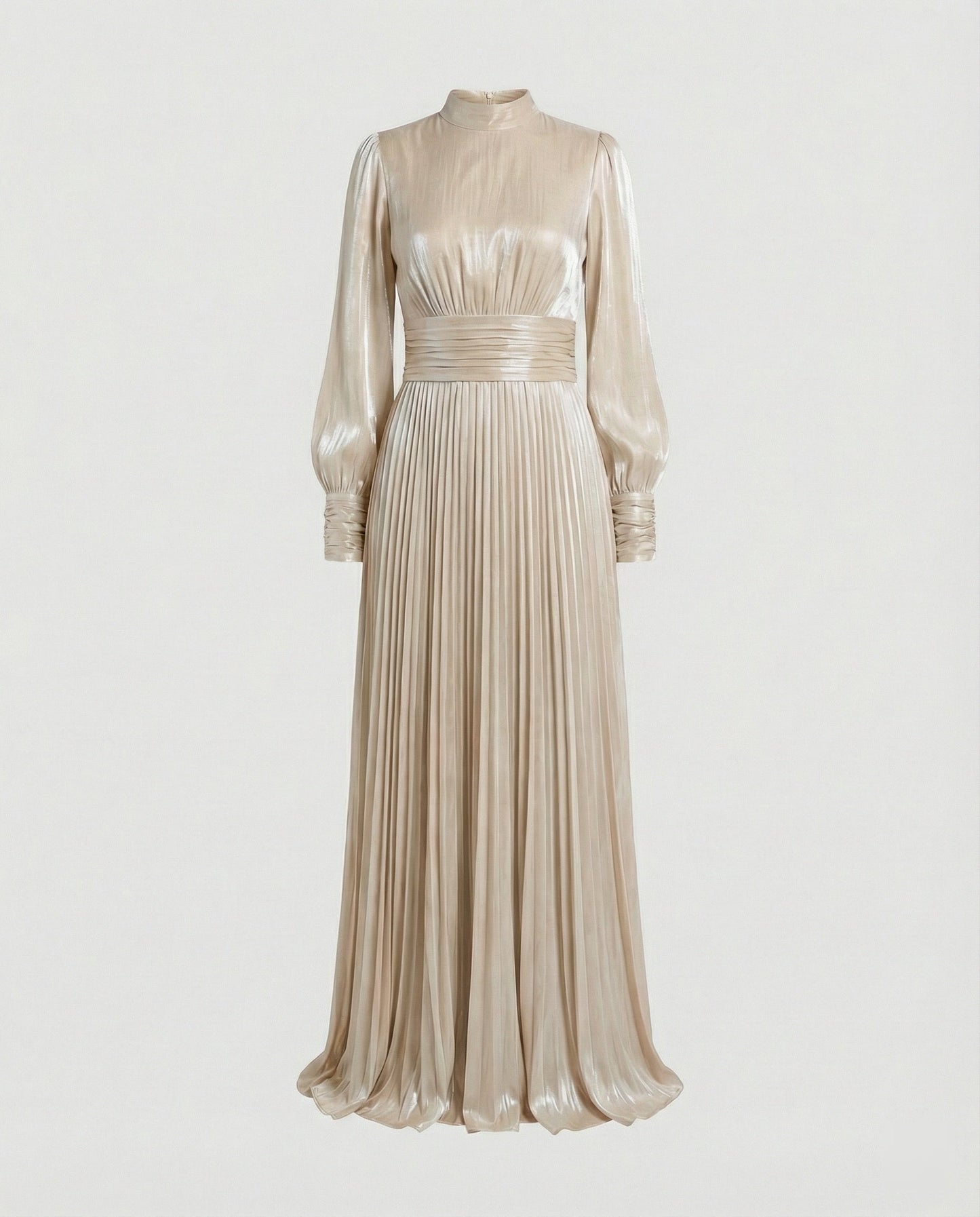 Mock Neck Ruched Pleated Cuffed Flared Maxi Dress
