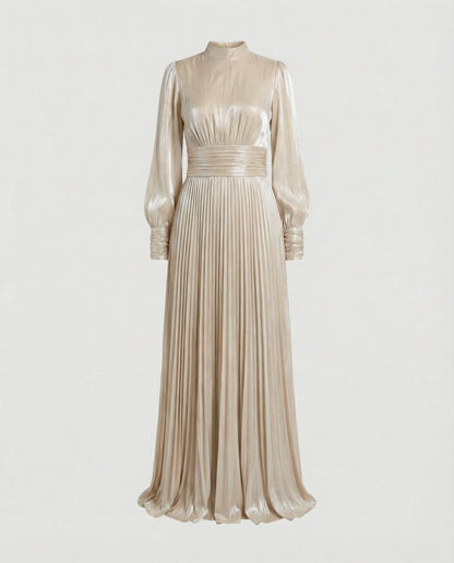 Mock Neck Ruched Pleated Cuffed Flared Maxi Dress