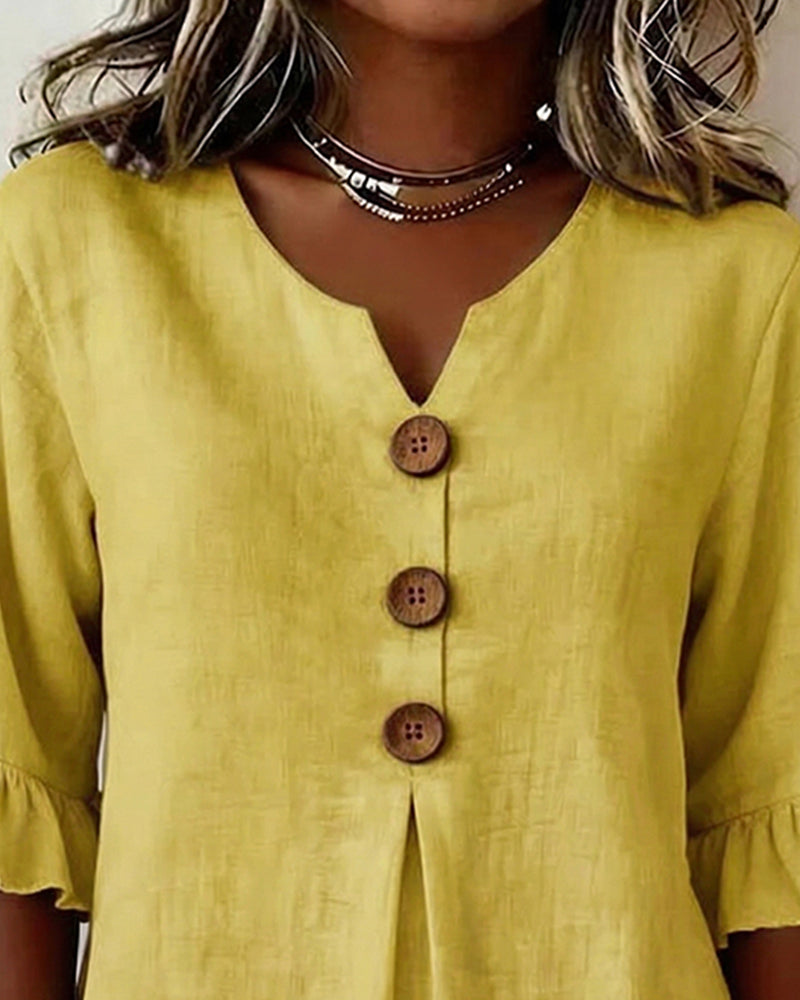 V Neck Button Detail Ruffle Sleeve Top