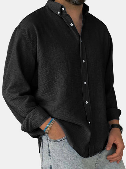 Collared Buttoned Cuffed Textured Curved Plain Shirt