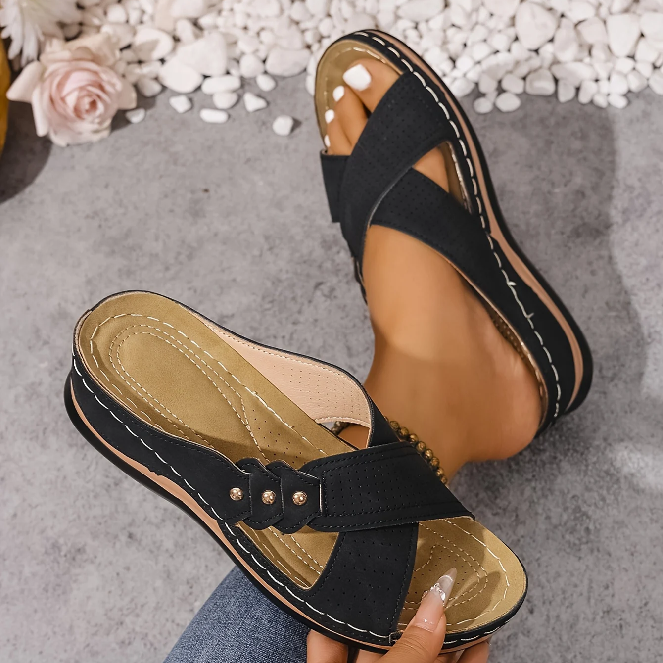 Crossed Studded Stitched Wedged Sandals