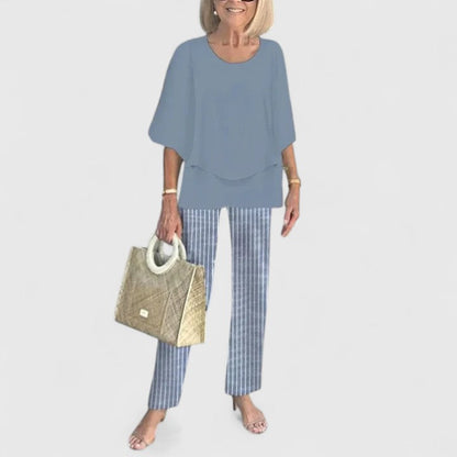 Layered Round Neck Batwing Sleeve Top Straight Leg Set