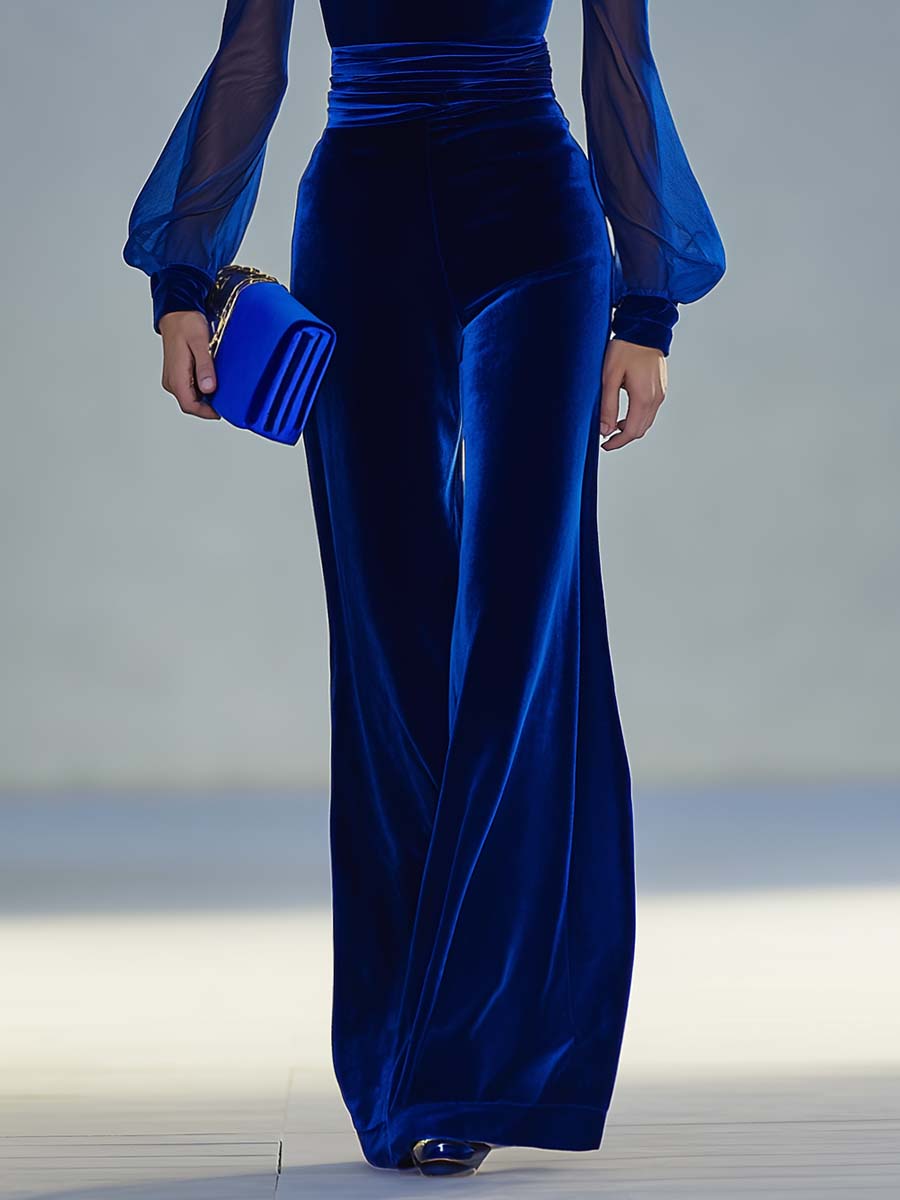 Plunging Fitted Ruched Long Puffed Wide Jumpsuit