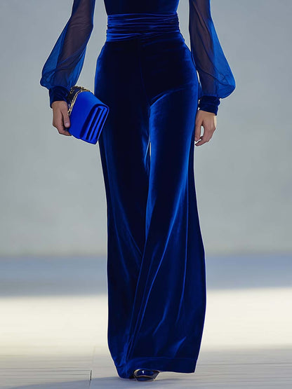 Plunging Fitted Ruched Long Puffed Wide Jumpsuit