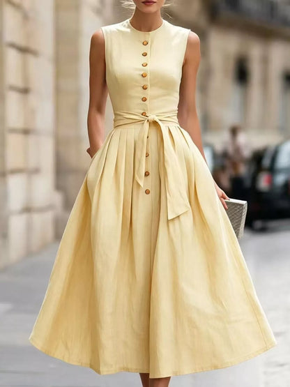 Round Neck Sleeveless Button-Front Belted Midi Dress