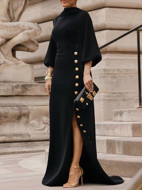 Mock Neck Puff Sleeve Buttoned Slit Dress
