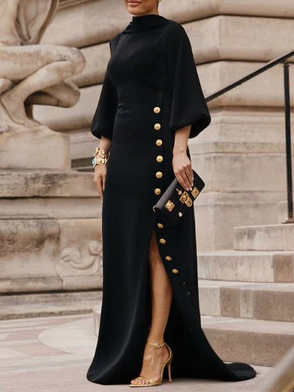 Mock Neck Puff Sleeve Buttoned Slit Dress
