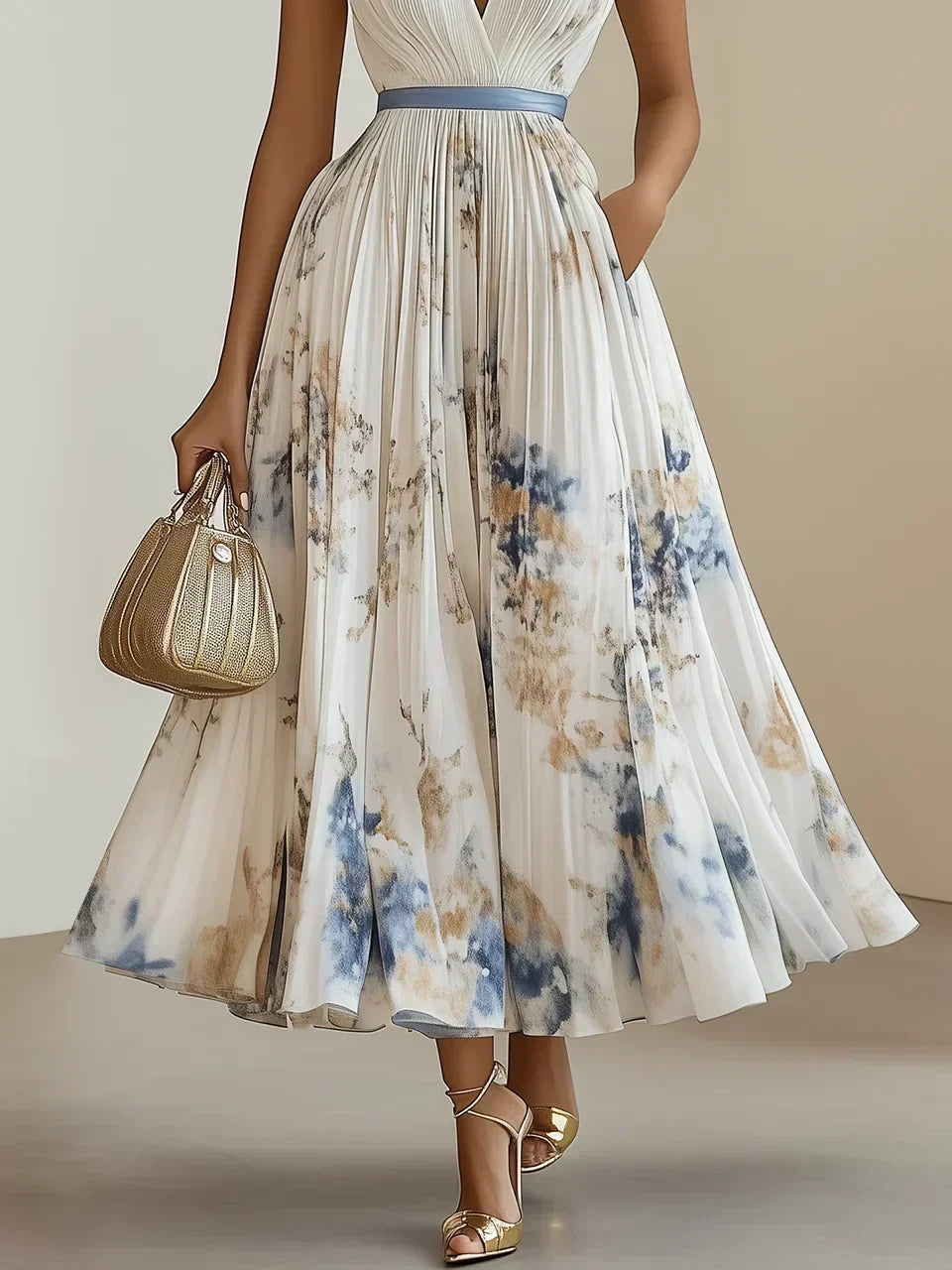 Deep V Neck Pleated Printed Dress