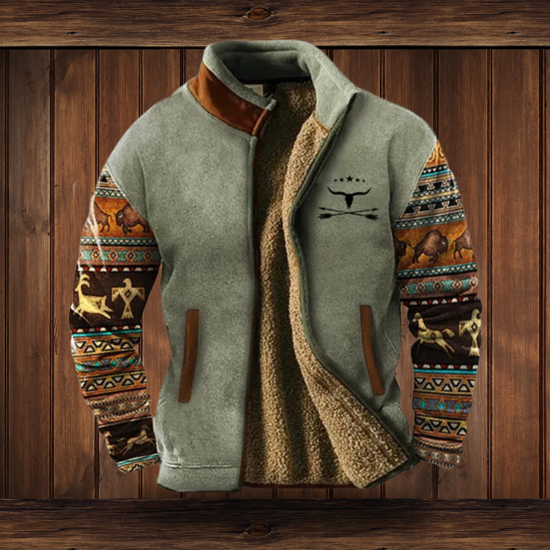 Men's Stand Collar Southwestern Print Sleeve Zip Jacket