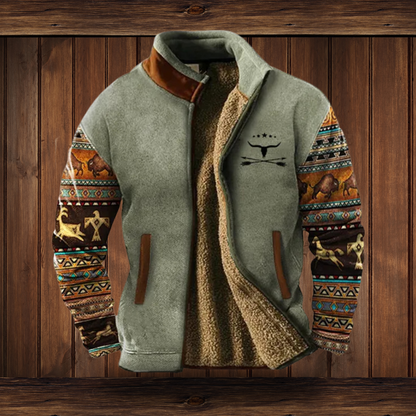 Men's Stand Collar Southwestern Print Sleeve Zip Jacket
