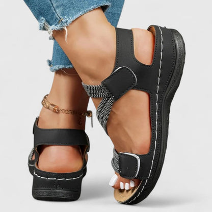 Open Toe Platform Criss Cross Hook Loop Textured Sandals