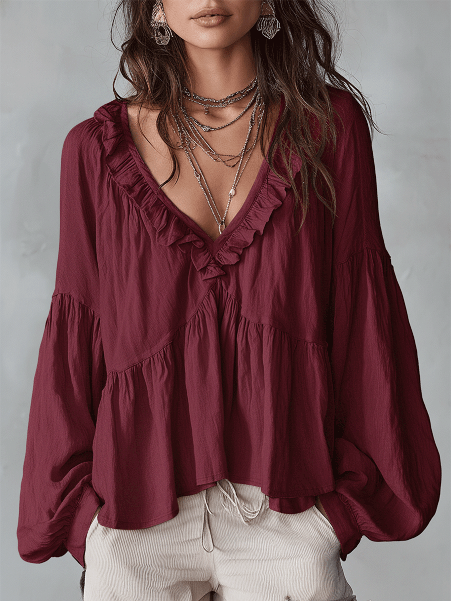 Solid Ruffled V Neck Lantern Sleeve Top