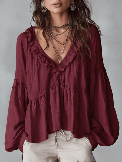 Solid Ruffled V Neck Lantern Sleeve Top