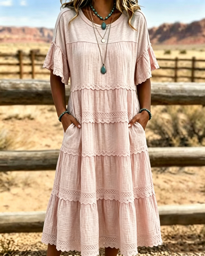 Tiered Scalloped Gathered Pocketed Flared Textured Dress