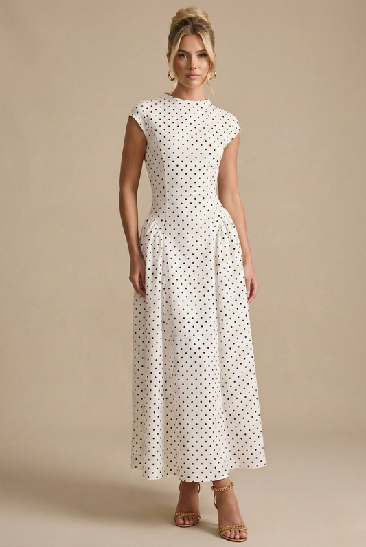 Polka Dot Polished Cap Sleeve Long Dress