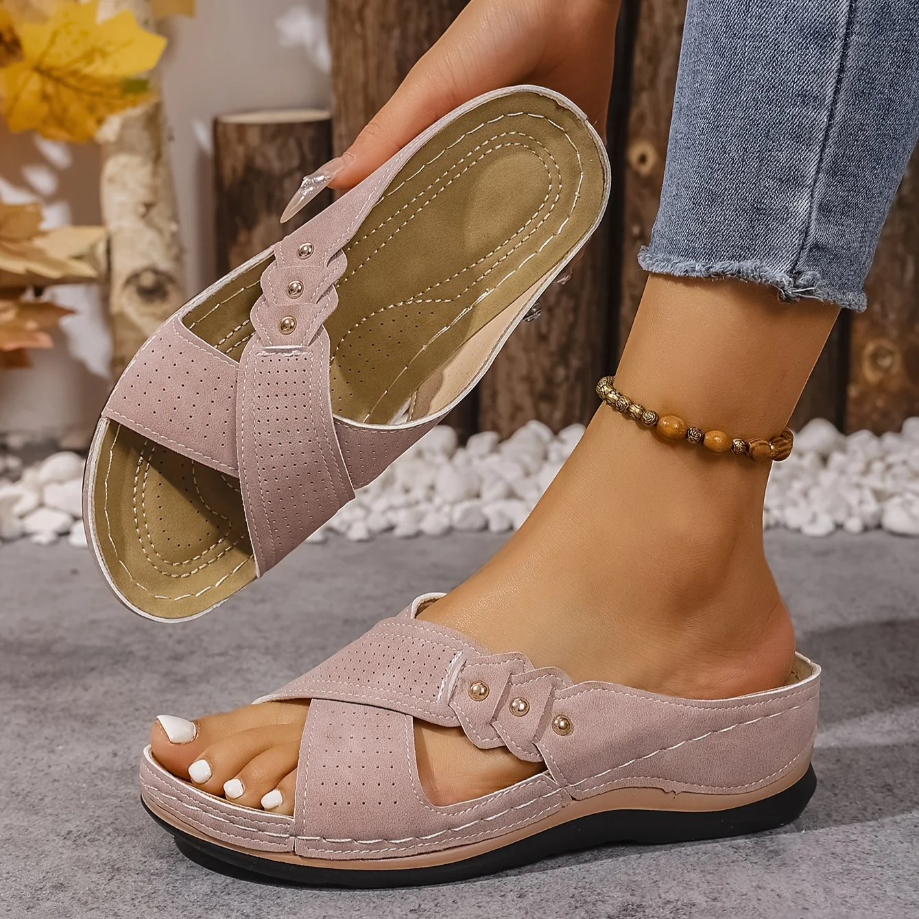 Crossed Studded Stitched Wedged Sandals