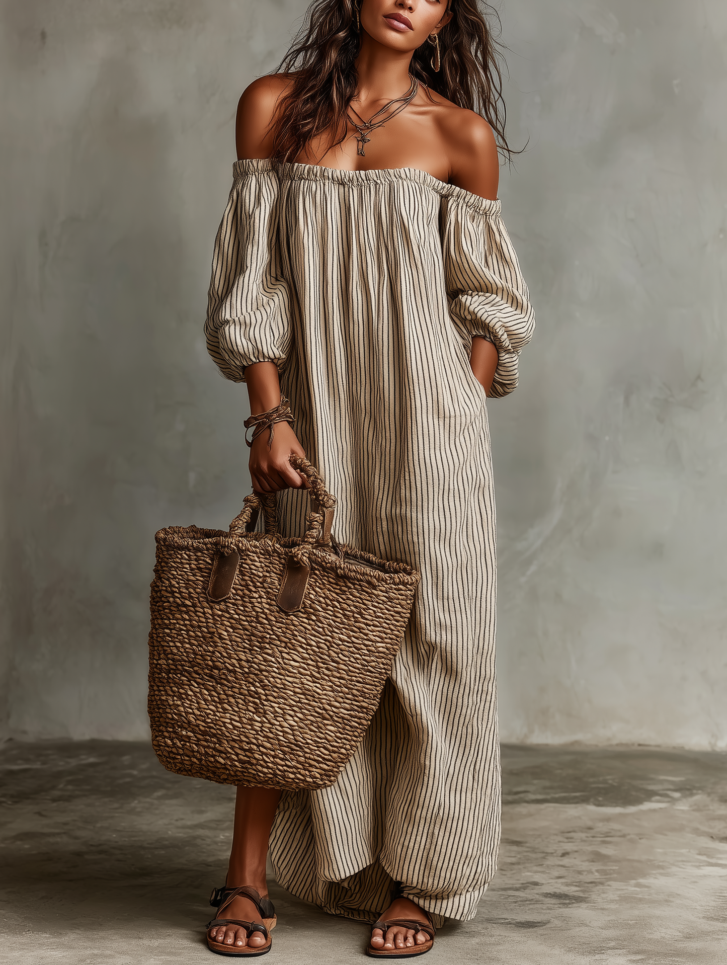 Off The Shoulder Striped Puff Sleeve Maxi Pocket Dress