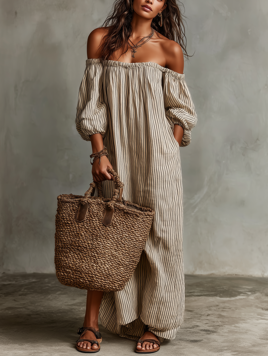 Off The Shoulder Striped Puff Sleeve Maxi Pocket Dress