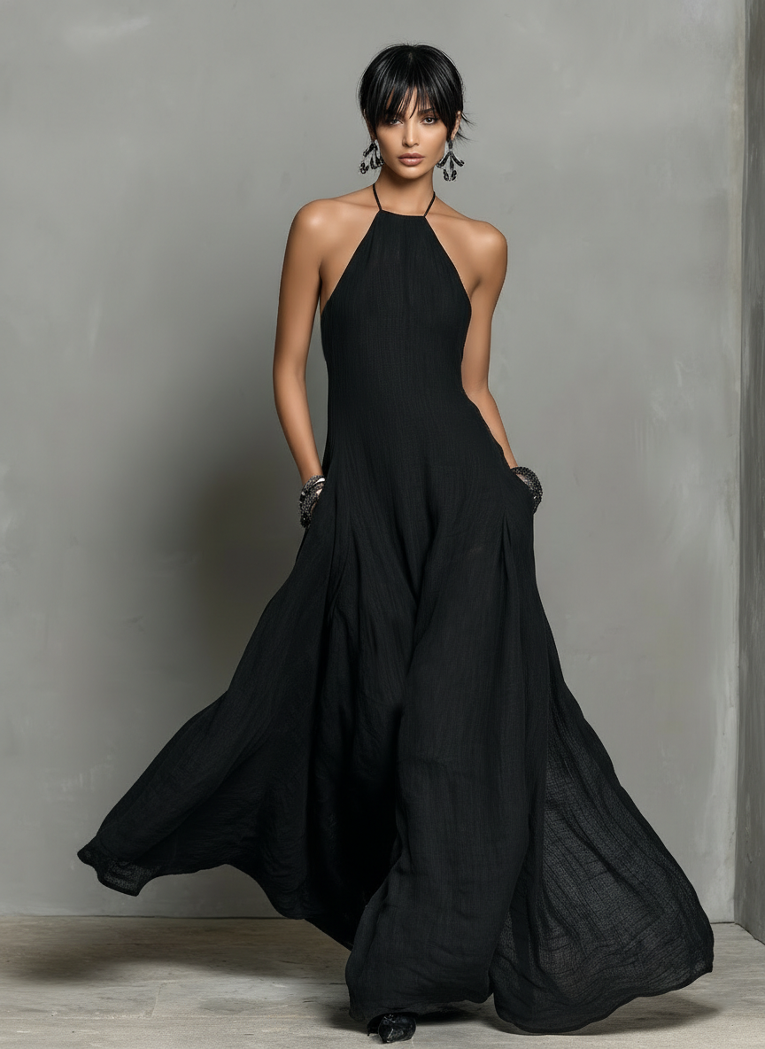 Sleeveless Halter Neck Backless Flowy Maxi Dress