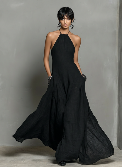 Sleeveless Halter Neck Backless Flowy Maxi Dress
